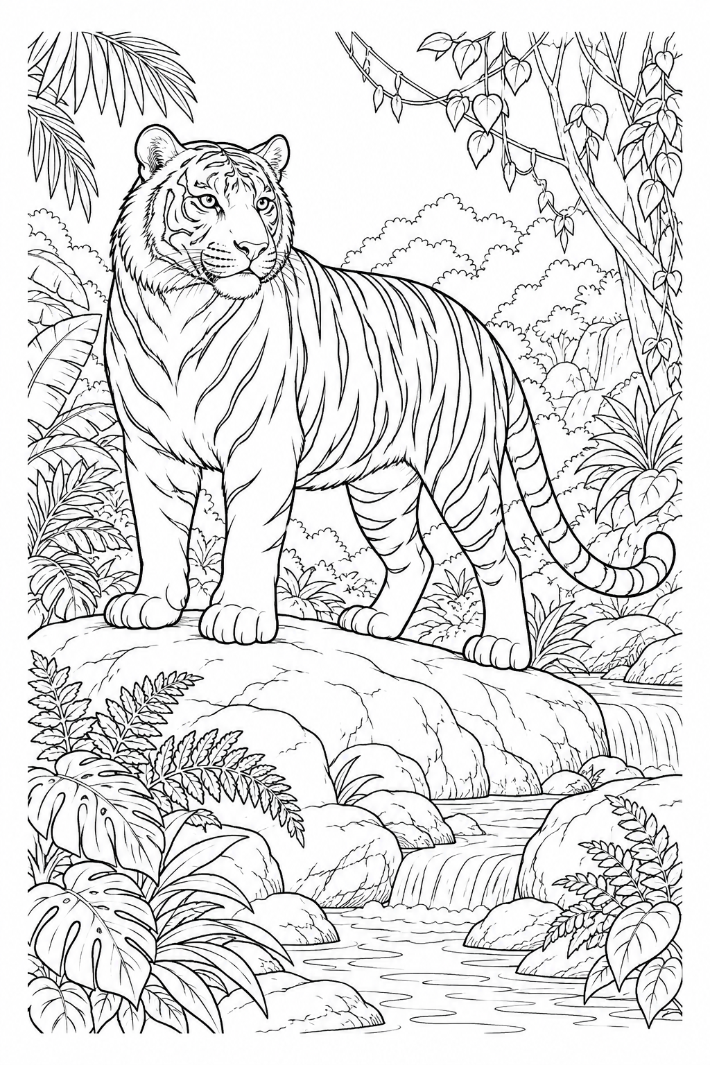 A tiger stands on a rock above a stream, surrounded by ferns, vines and broad jungle leaves.