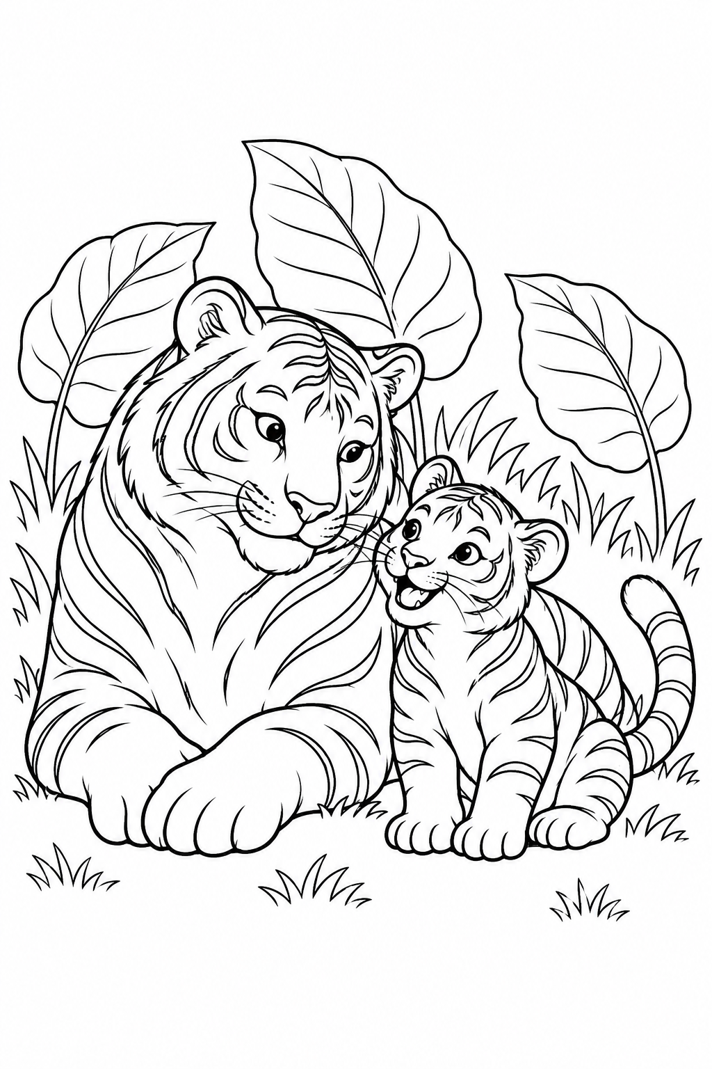 A mother tiger rests beside a seated cub, with large leaves and tufts of grass behind them.