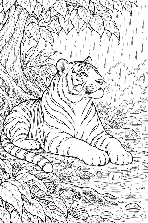 A tiger rests beneath leafy branches during rain, beside roots, stones and water patterned with ripples.