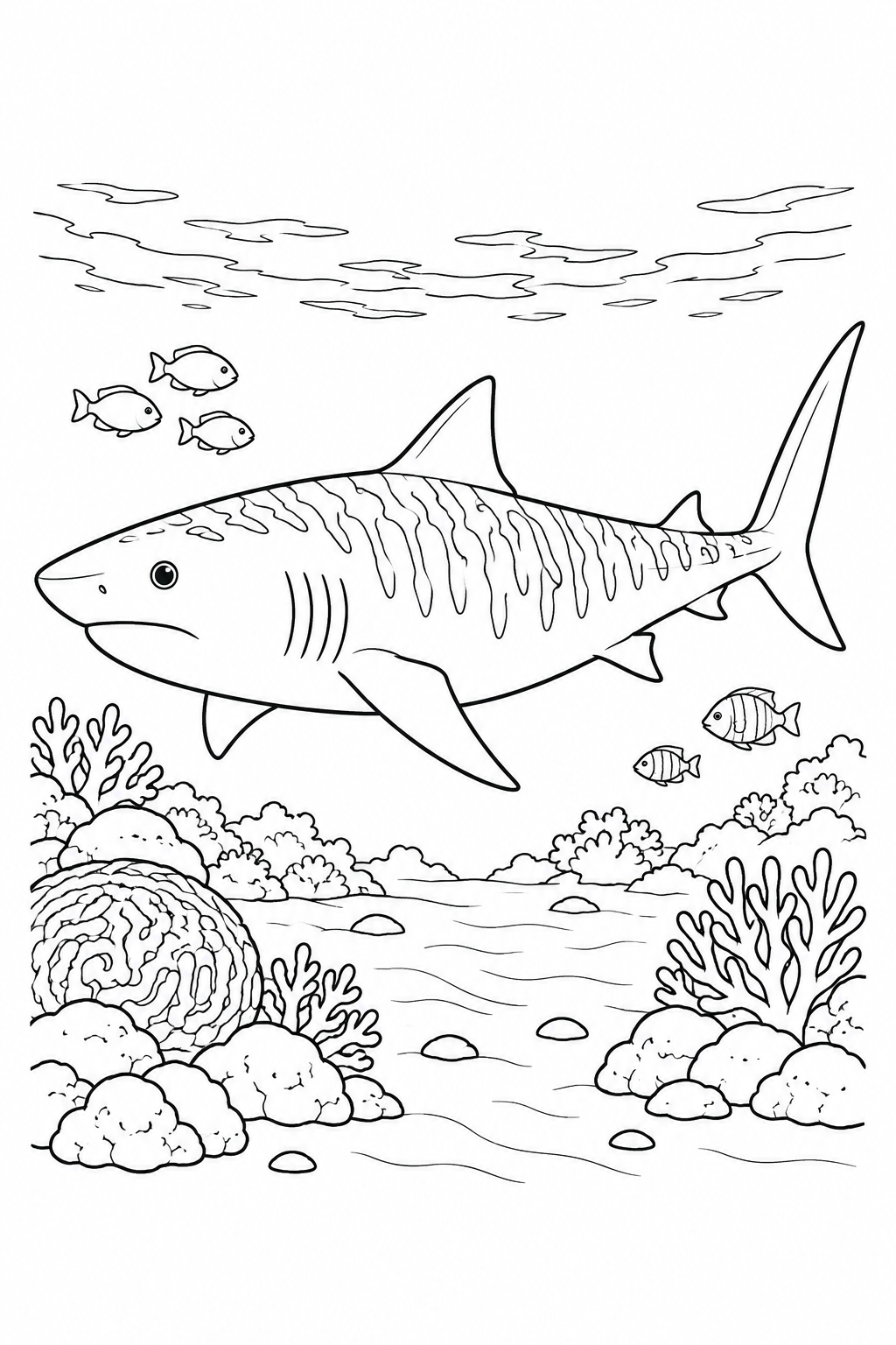 Tiburón tigre en una laguna de coral