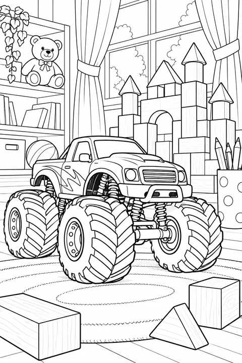 Een speelgoedmonstertruck staat naast een blokkasteel, met een potlodenbeker, gordijnen en een teddybeer op de plank.