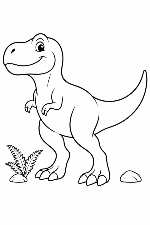 A smiling T-Rex stands beside a fern, with broad areas to color.