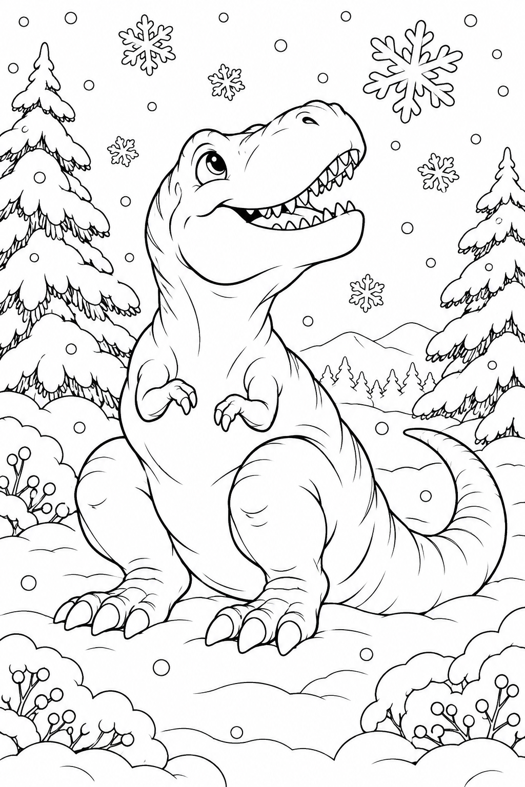 A seated T-rex looks up at snowflakes between snow-covered trees and bushes.
