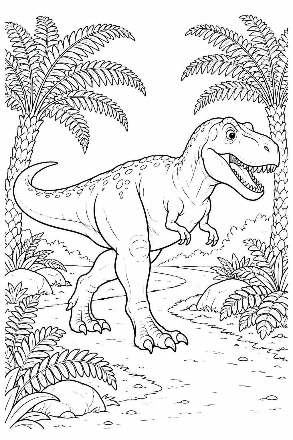 A T-Rex walks along a path between leafy tree ferns.