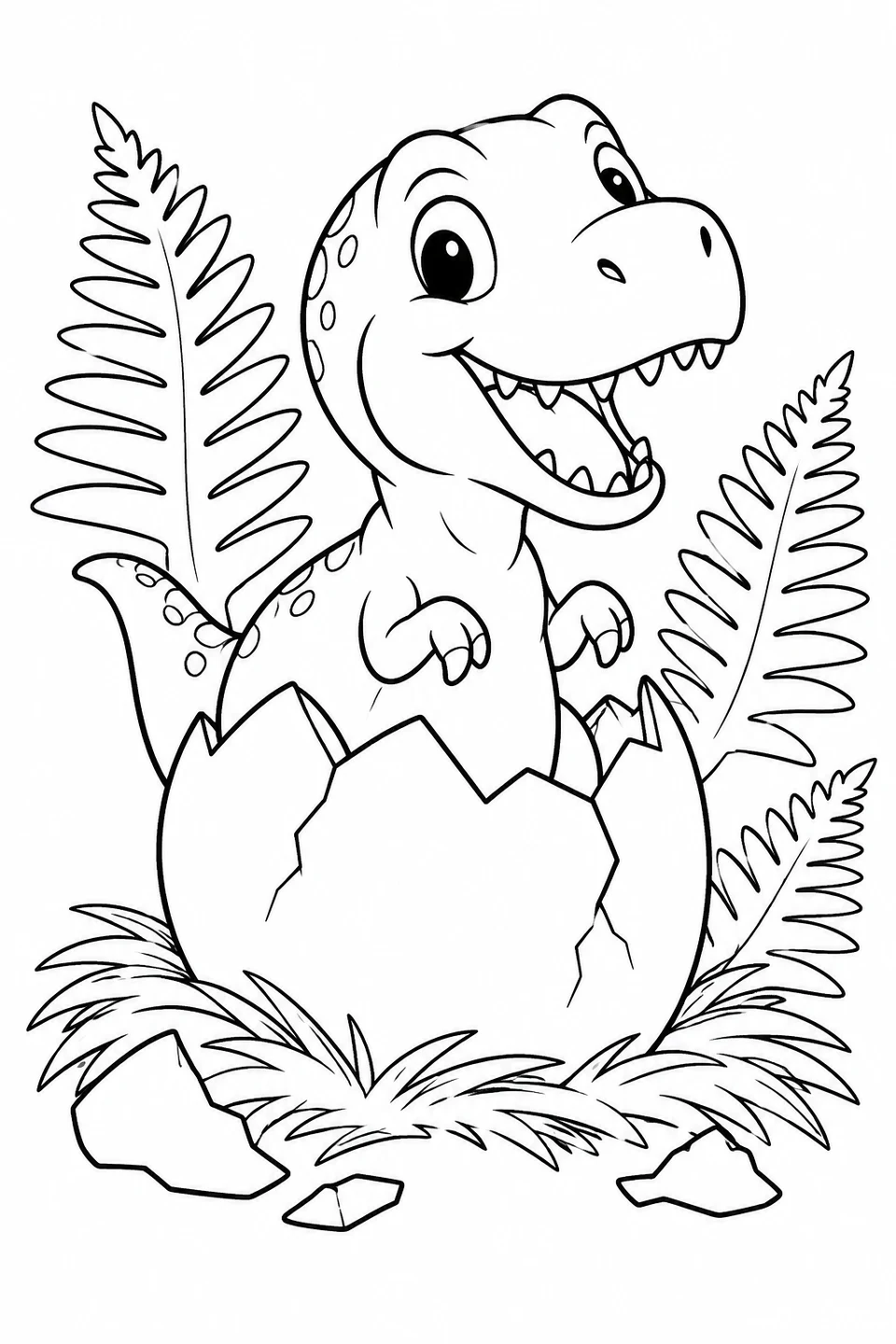 A baby T-Rex peeks out of a cracked egg beside fern leaves.