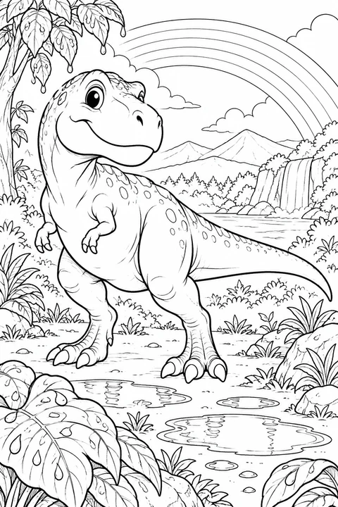 A T-rex beneath a rainbow, beside puddles and dripping leaves, with a waterfall in the distance.