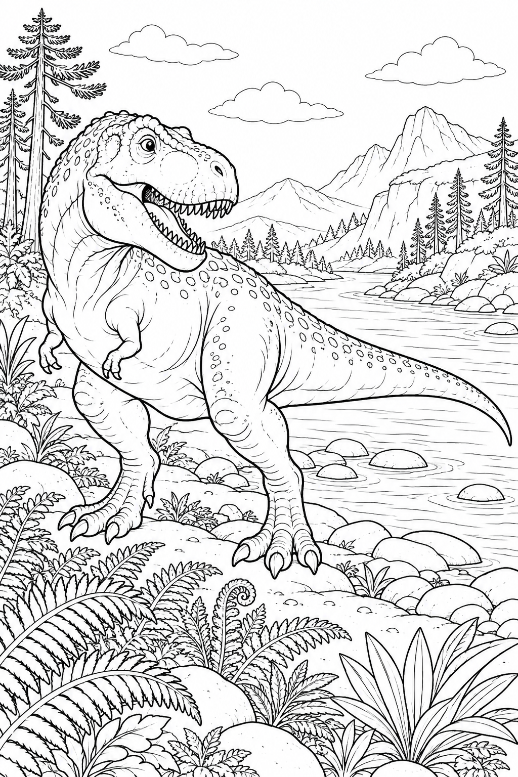 A T-Rex explores a riverbank surrounded by ferns, rocks and distant hills.