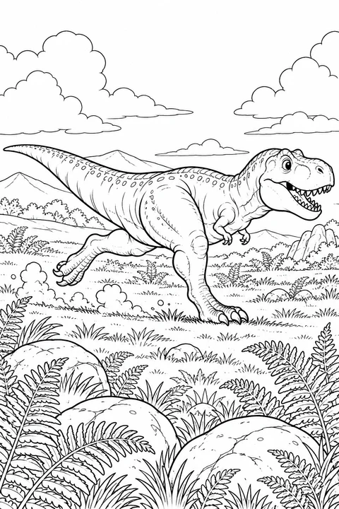 Een vrolijke T-rex rent met grote passen door een varenweide, langs stofwolkjes, ronde stenen en verre heuvels.