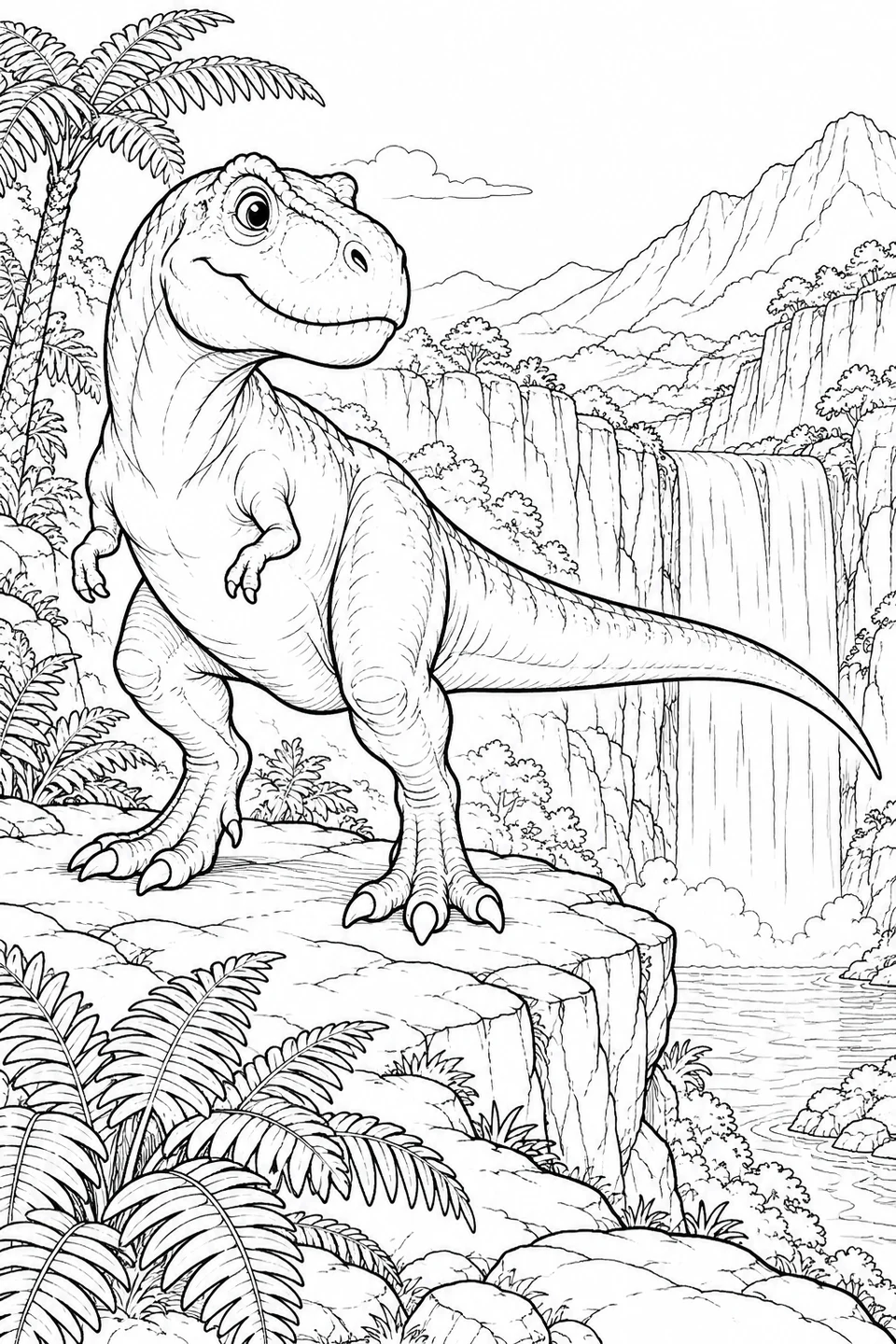 Een glimlachende T-Rex staat op een rotsplateau naast een waterval en de gelaagde wanden van een kloof.