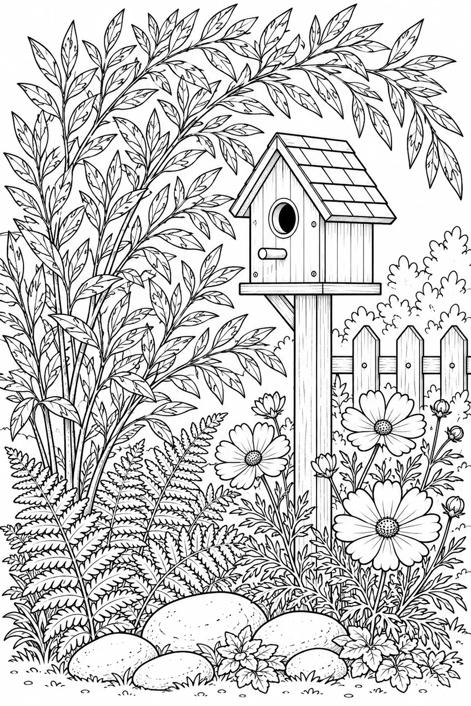 Arching willow branches frame a wooden birdhouse, with flowers, fern fronds and smooth stones below.