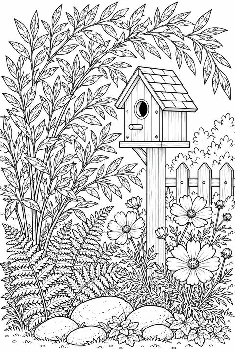 Arching willow branches frame a wooden birdhouse, with flowers, fern fronds and smooth stones below.