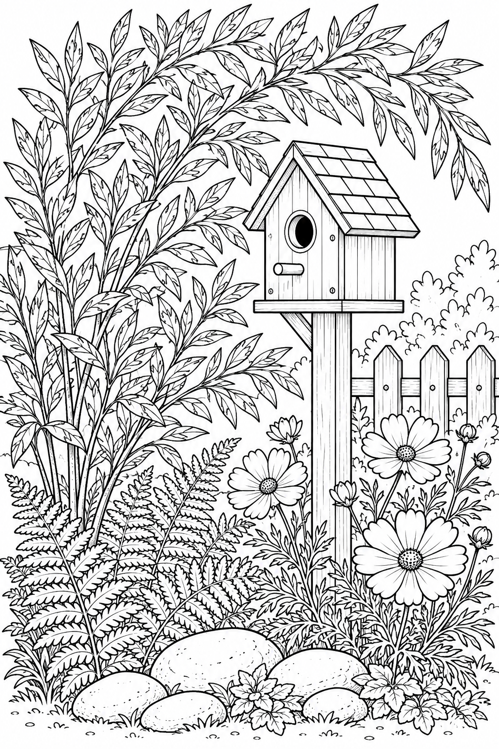Arching willow branches frame a wooden birdhouse, with flowers, fern fronds and smooth stones below.