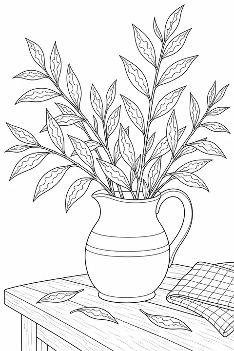 Willow branches fan out from a ceramic pitcher on a wooden table, beside a checked cloth and three loose leaves.