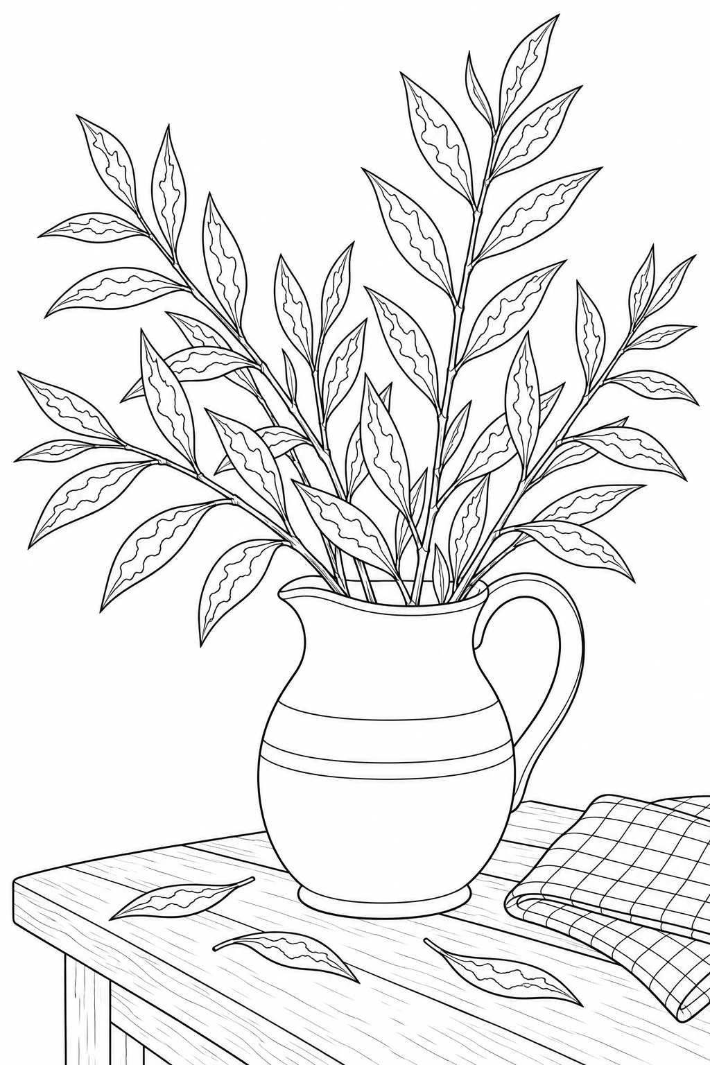 Des rameaux de saule s’ouvrent en éventail dans un pichet en céramique posé sur une table, près d’un torchon à carreaux et de trois feuilles.