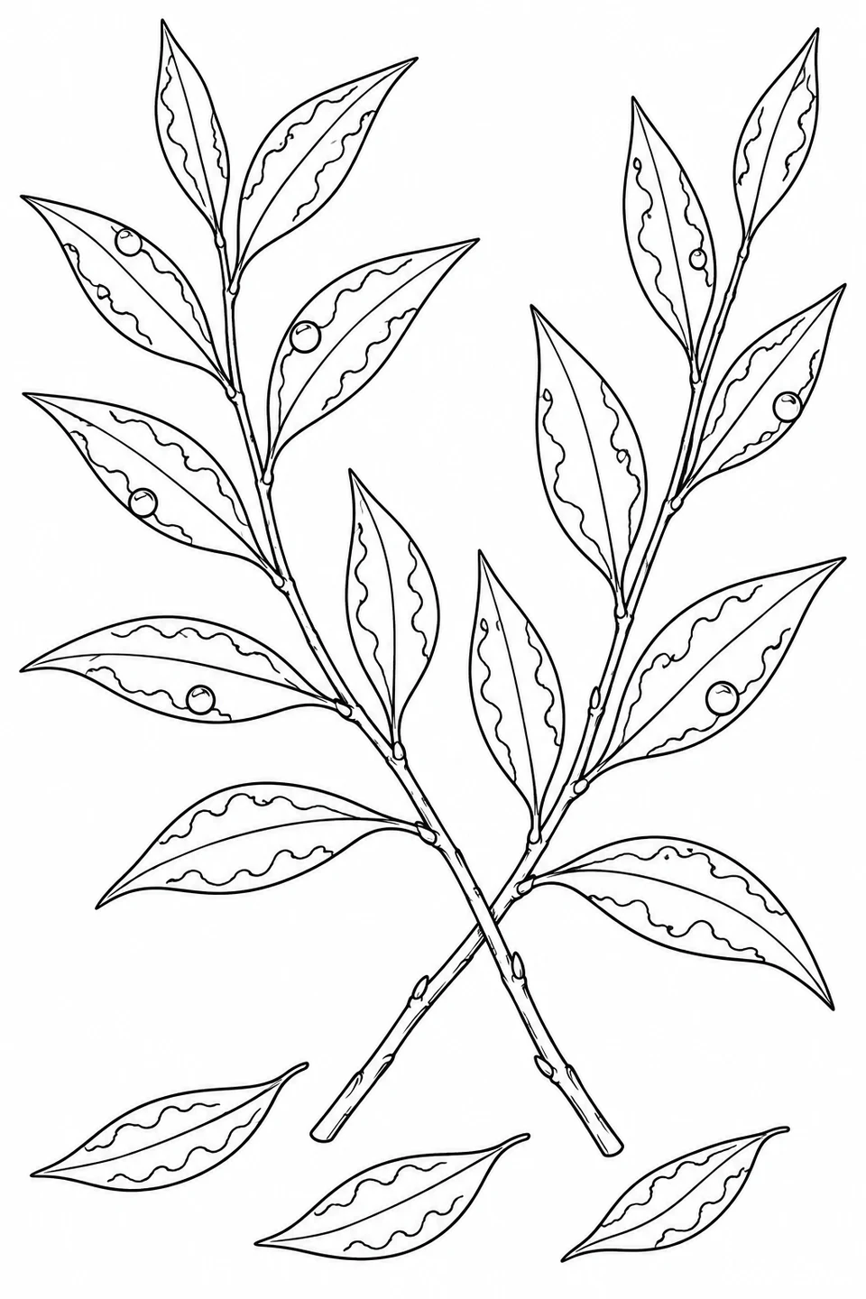 Two crossed willow sprigs show pointed leaves, wavy leaf markings and round dew drops, with three fallen leaves below.