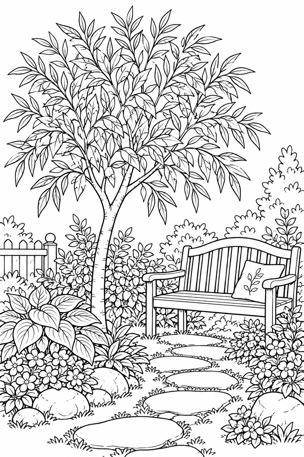 Un petit saule à la couronne arrondie se dresse près d’un banc et d’un chemin de pierres.