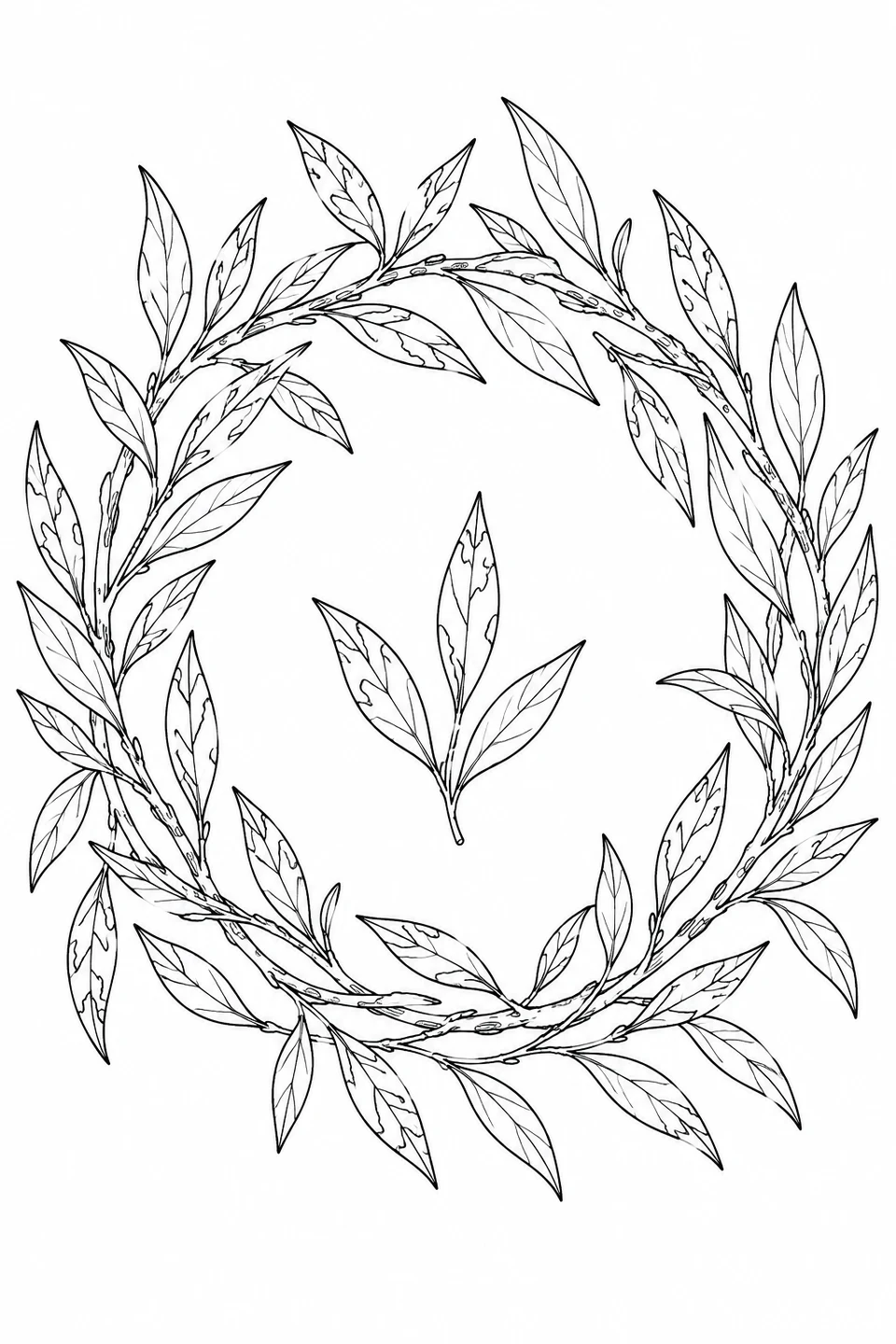 De fins rameaux et des feuilles pointues aux taches dessinées forment une couronne autour d’un petit bouquet de feuilles.