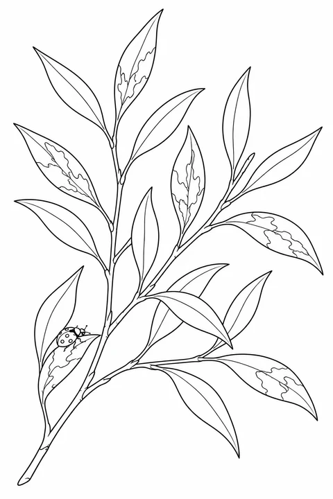 Una ramita de sauce con hojas estrechas y puntiagudas, manchas delineadas y una pequeña mariquita.