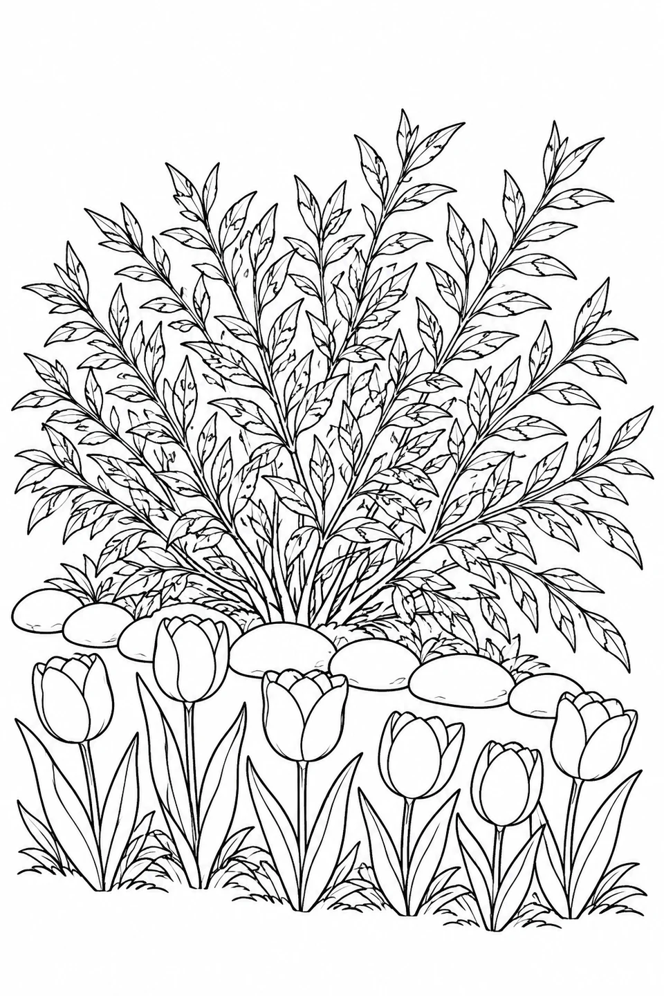 A leafy willow shrub spreads behind a curved pebble border and six large tulips.