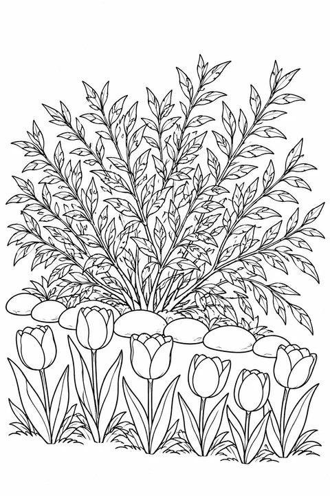 A leafy willow shrub spreads behind a curved pebble border and six large tulips.