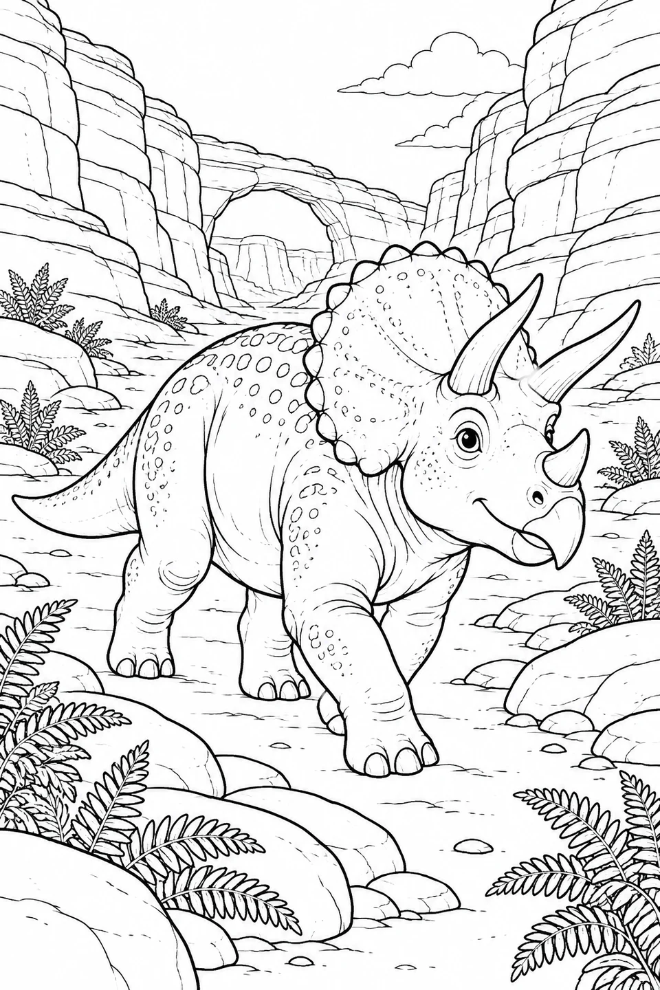 Ein freundlicher Triceratops läuft durch eine Schlucht mit geschichteten Felswänden, einem Felsbogen und Farnen.