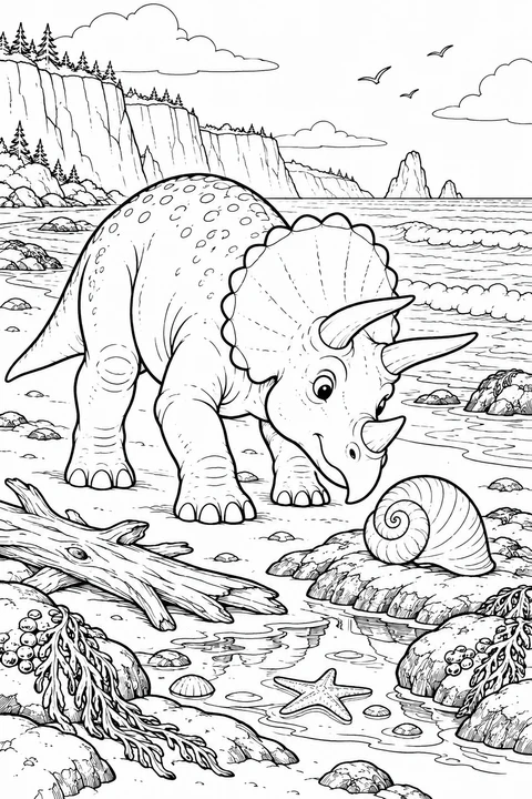 Ein neugieriger Triceratops senkt den Kopf zu einem spiralförmigen Schneckenhaus neben Gezeitentümpeln, einem Seestern und Treibholz.
