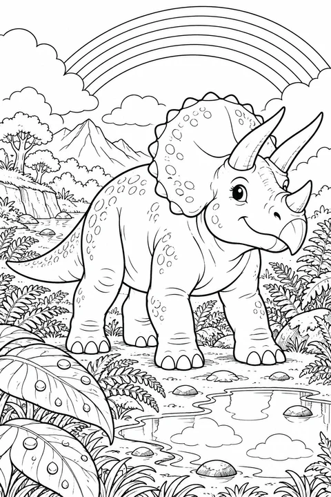 A smiling triceratops beside a puddle under a rainbow, with water droplets on nearby leaves.
