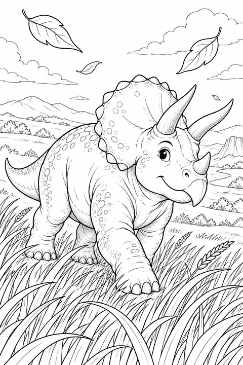 A Triceratops walks through tall waving grass as leaves drift above the rolling hills.