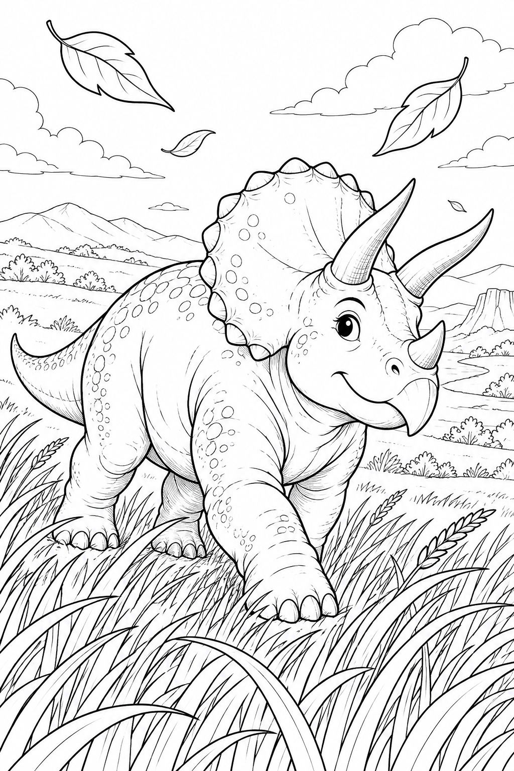 A Triceratops walks through tall waving grass as leaves drift above the rolling hills.
