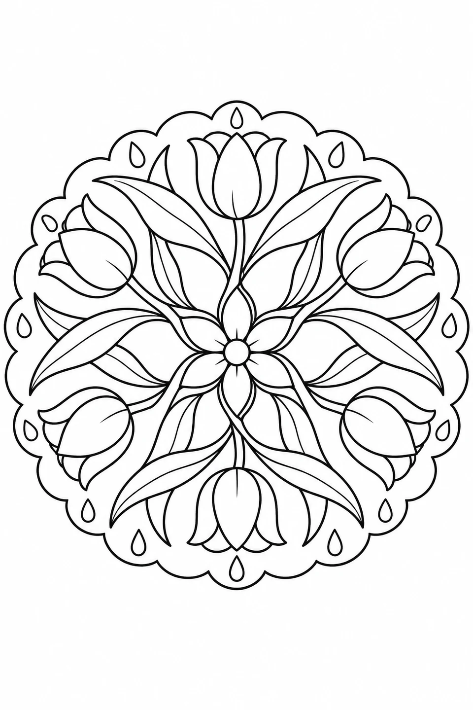 Tulips and curving leaves surround a small flower inside a scalloped border dotted with raindrops.