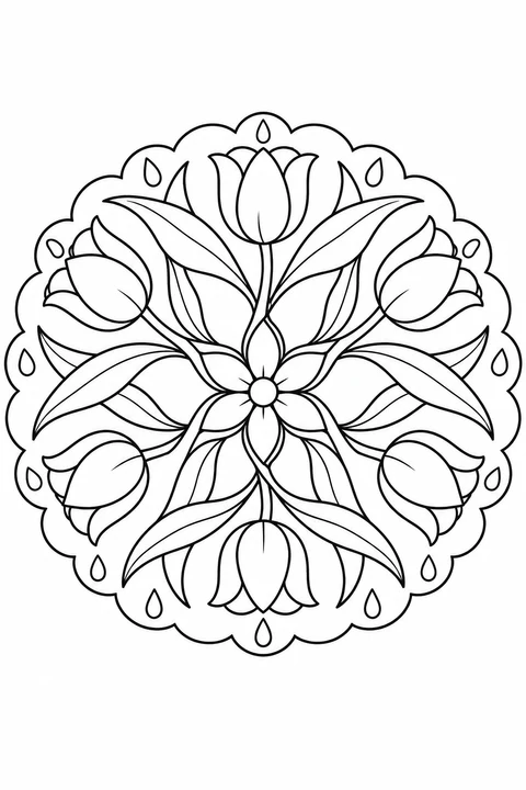 Tulips and curving leaves surround a small flower inside a scalloped border dotted with raindrops.