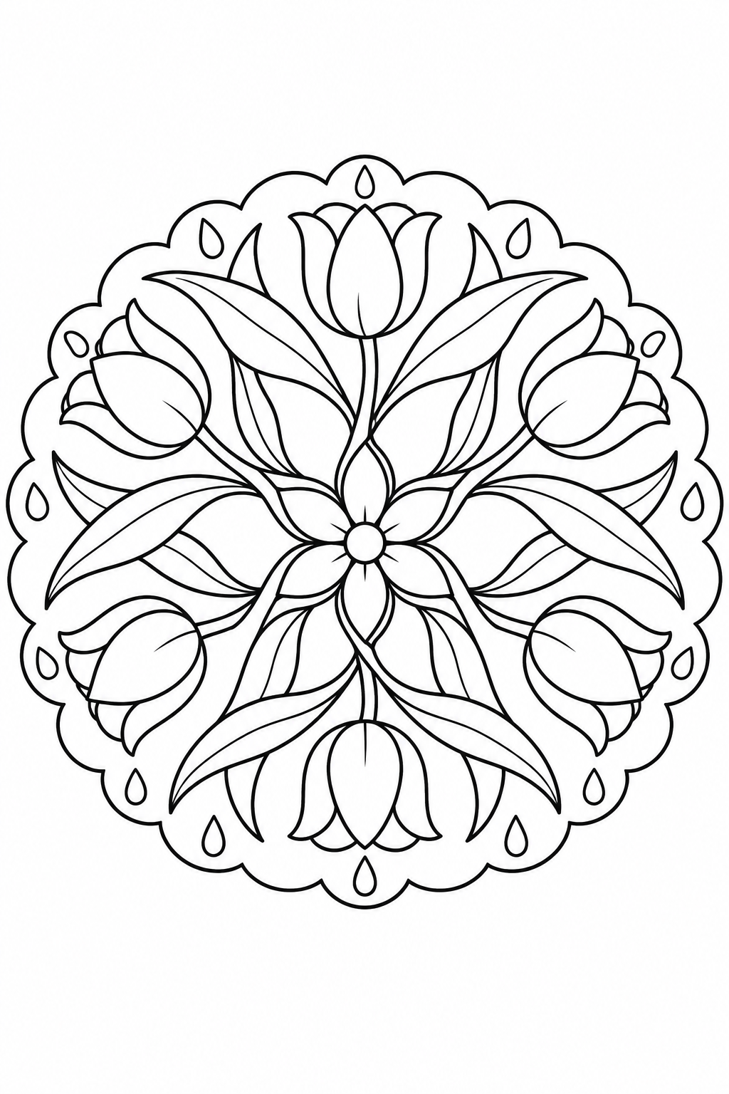 Tulips and curving leaves surround a small flower inside a scalloped border dotted with raindrops.