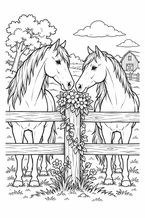Two Horses at a Flower-Covered Fence