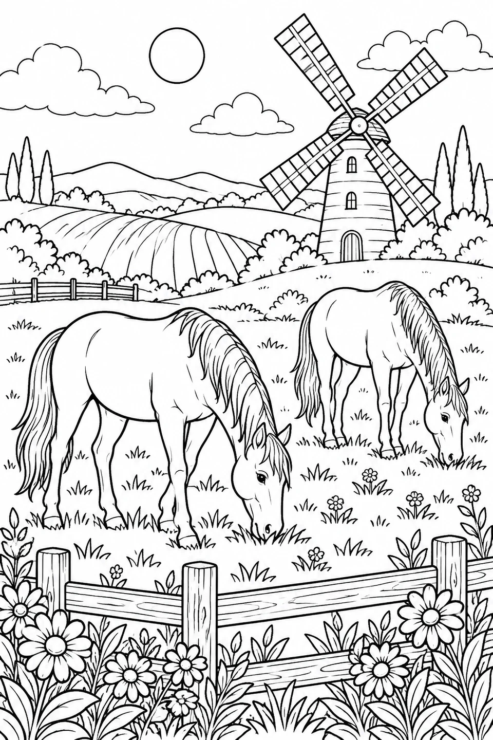 Two horses graze in a meadow beside a windmill and curved rows of crops, with flowers along the fence.