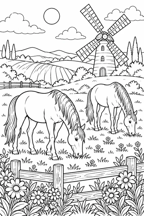 Two horses graze in a meadow beside a windmill and curved rows of crops, with flowers along the fence.