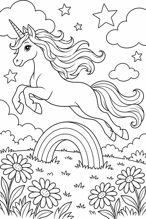 A unicorn leaps above a low rainbow arch surrounded by stars, clouds and daisies.