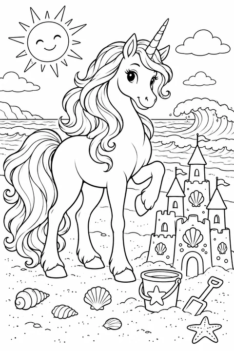 Ein Einhorn hebt einen Huf neben einer Sandburg, Muscheln, einem Eimer und einer Schaufel.