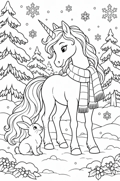Ein Einhorn mit Schal trifft ein Kaninchen zwischen verschneiten Kiefern und Schneeflocken.