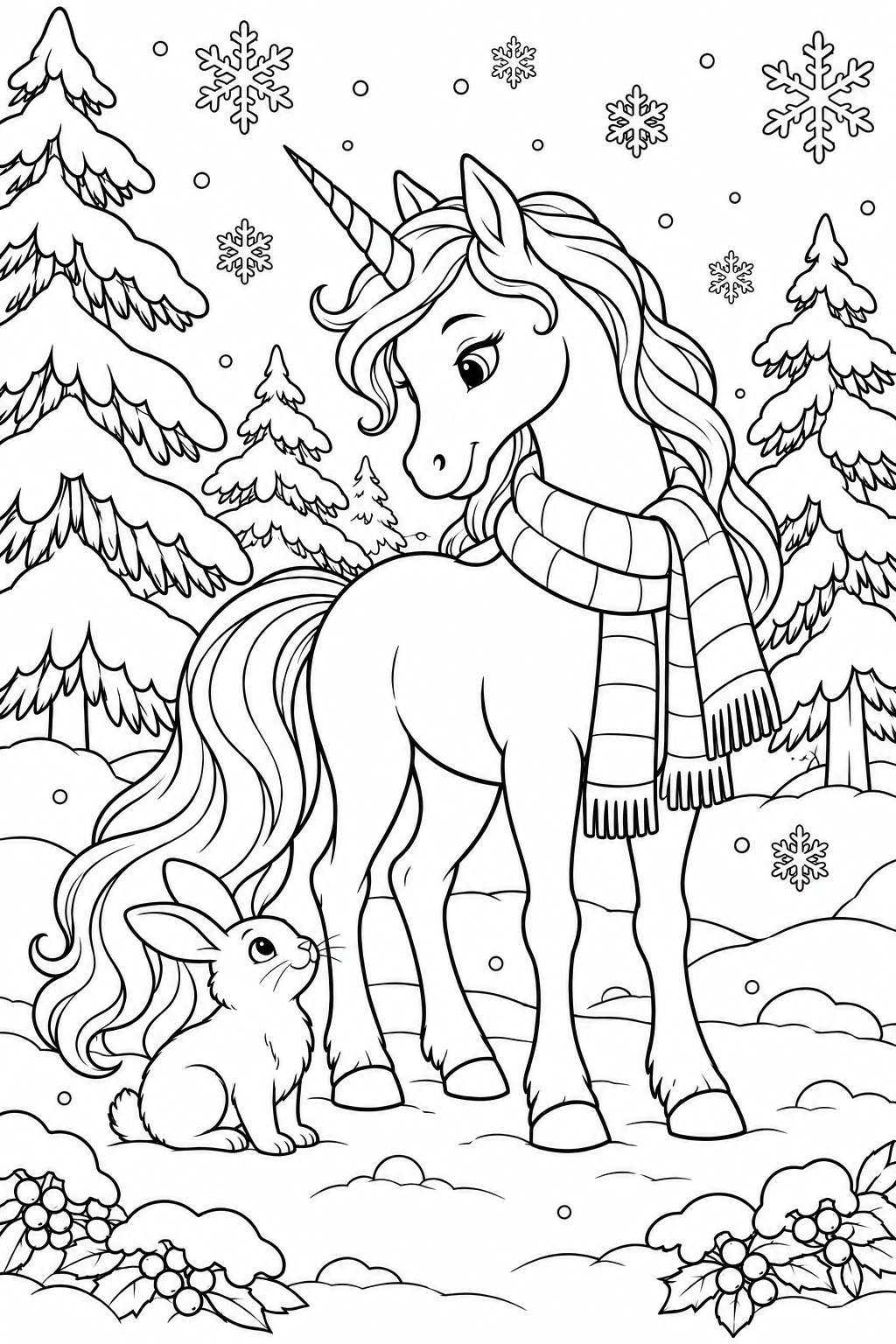 Ein Einhorn mit Schal trifft ein Kaninchen zwischen verschneiten Kiefern und Schneeflocken.