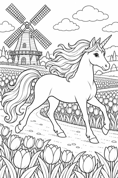 A unicorn trots past a windmill through rows of tulips, its mane flowing in the breeze.