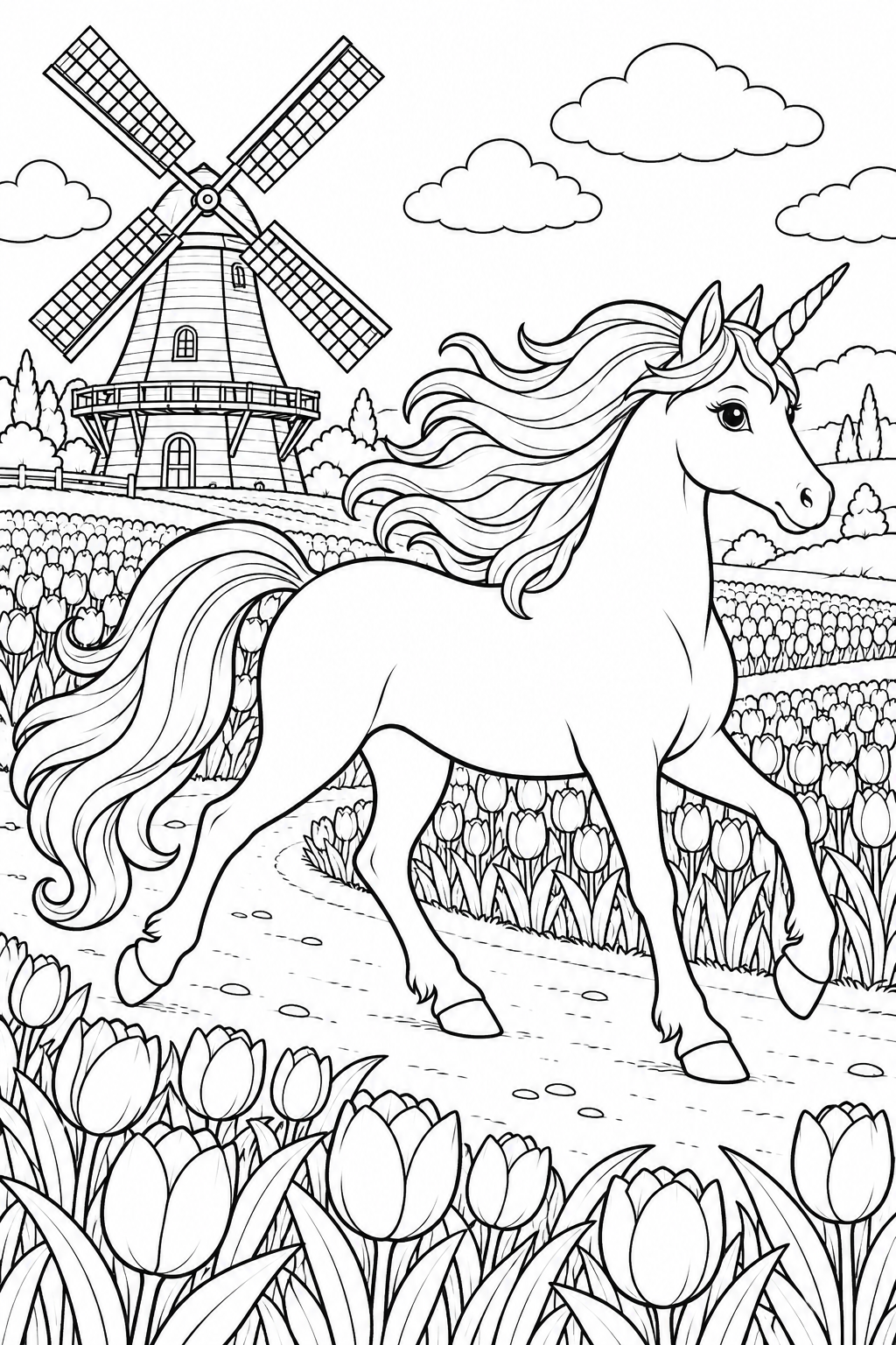 Une licorne trotte entre les rangées de tulipes près d’un moulin, la crinière au vent.
