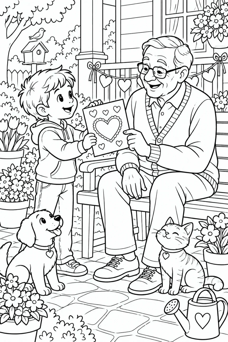 Een jongen laat opa zijn zelfgemaakte hartjeskaart op de veranda zien, met een hond en kat erbij.