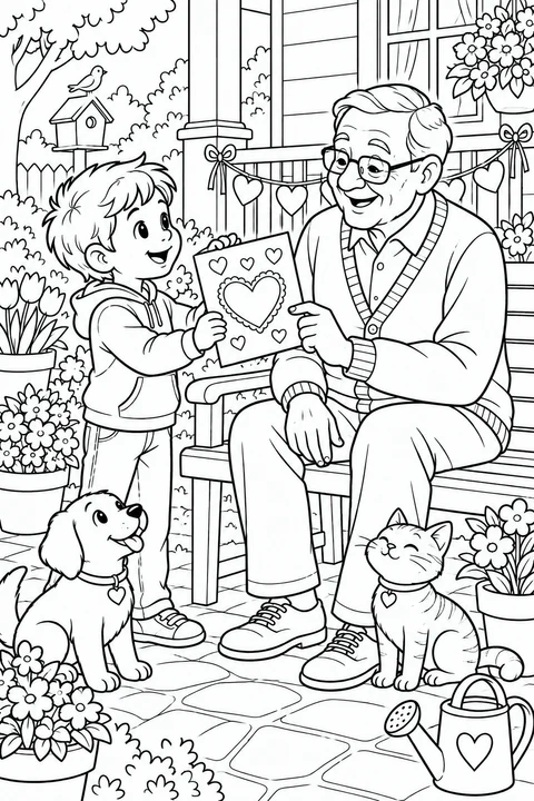 Een jongen laat opa zijn zelfgemaakte hartjeskaart op de veranda zien, met een hond en kat erbij.
