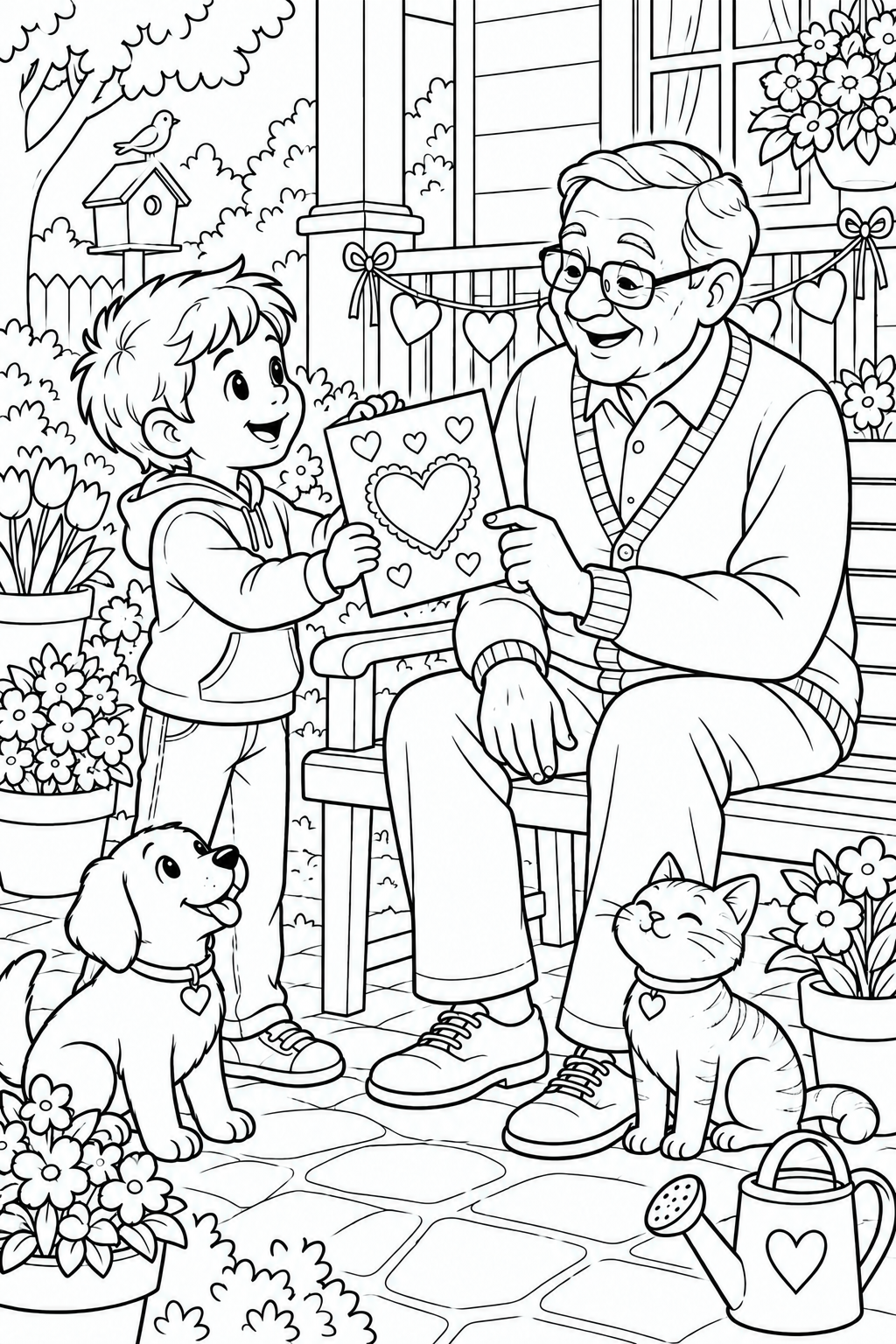 Een jongen laat opa zijn zelfgemaakte hartjeskaart op de veranda zien, met een hond en kat erbij.