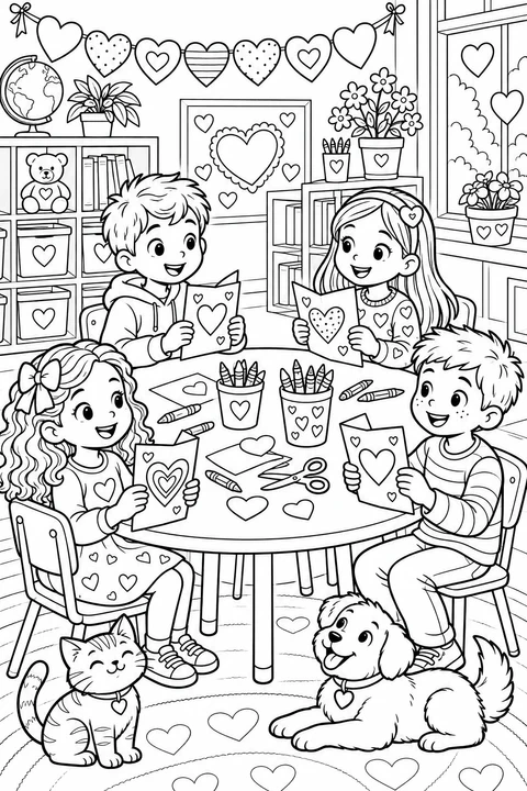 Vier kinderen laten hun hartjeskaarten zien rond een knutseltafel versierd voor Valentijnsdag.