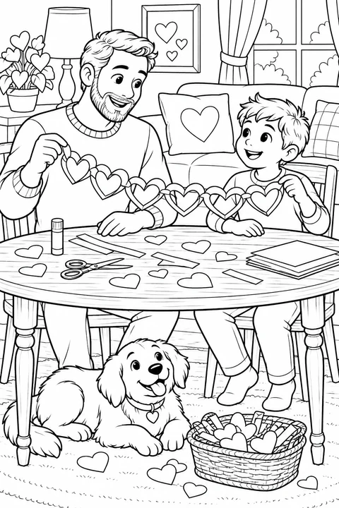 Vader en zoon houden hun papieren hartjesslinger boven de knutseltafel, terwijl een puppy eronder ligt.