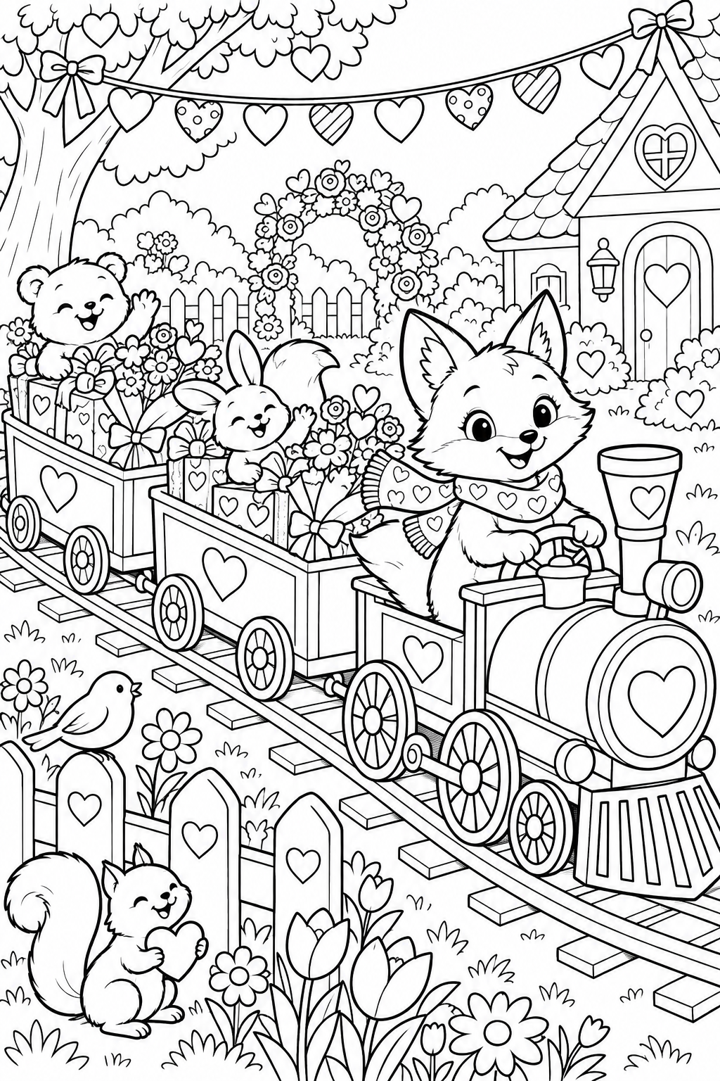 Una volpe guida un trenino con amici animali, regali e mazzi di fiori attraverso un giardino decorato.