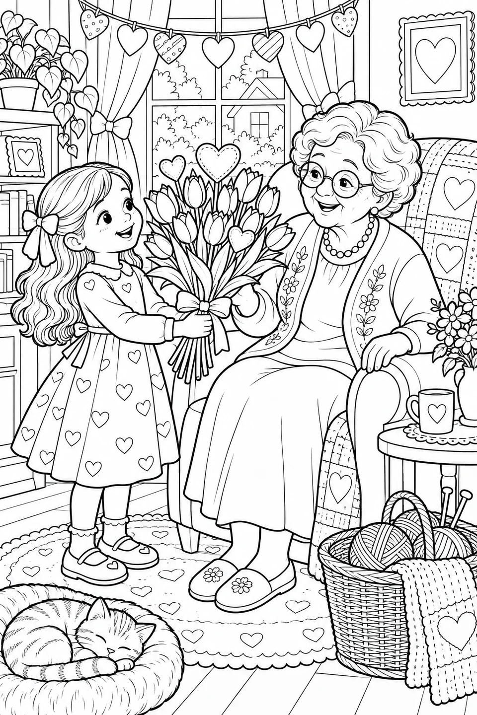 A girl gives Grandma tulips with paper hearts in a cozy room decorated for Valentine’s Day.