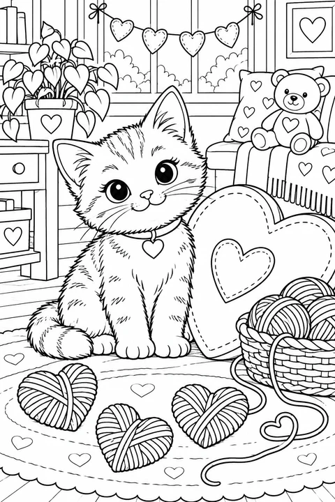 A cat sits beside a heart cushion, a yarn basket and three yarn-wrapped hearts in a cozy craft room.