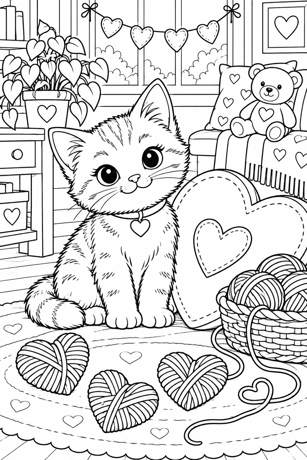 A cat sits beside a heart cushion, a yarn basket and three yarn-wrapped hearts in a cozy craft room.